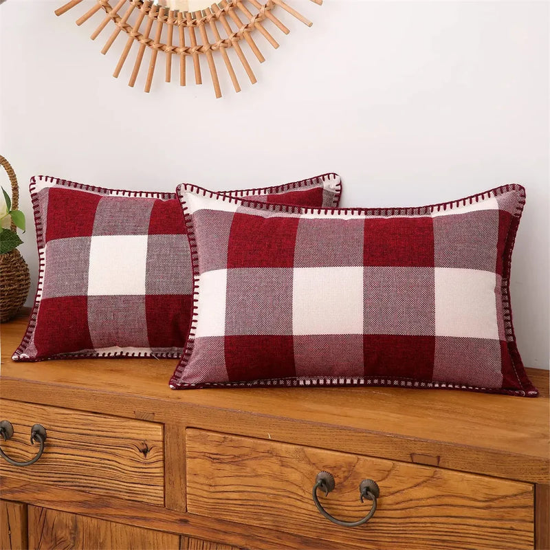 Axyaa Plaid Check 50x50cm Pillow Cover Cotton Linen Home Decor Sofa Cushion