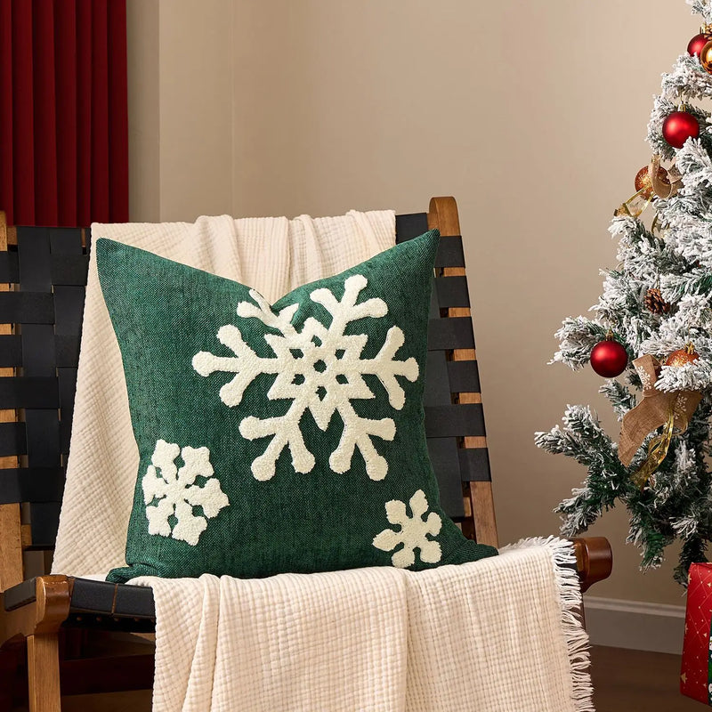 Axyaa Christmas Tree Bell Cushion Cover - Green Red Snowflakes, Pompom Balls Embroidery