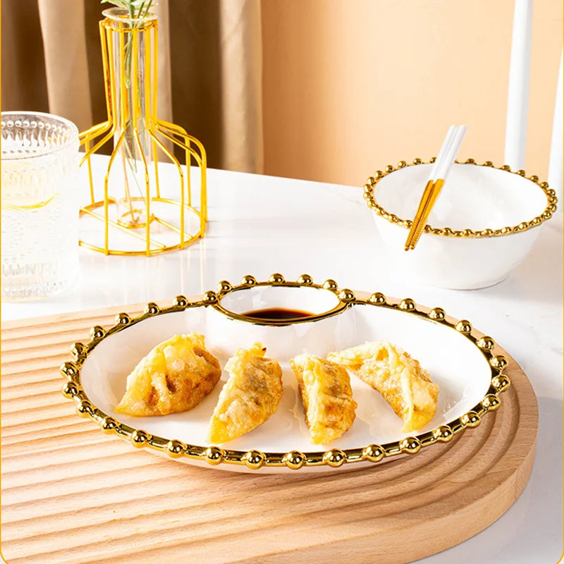Axya Phnom Penh Beads Ceramic Snack Plate and Porcelain Rice Bowl Set