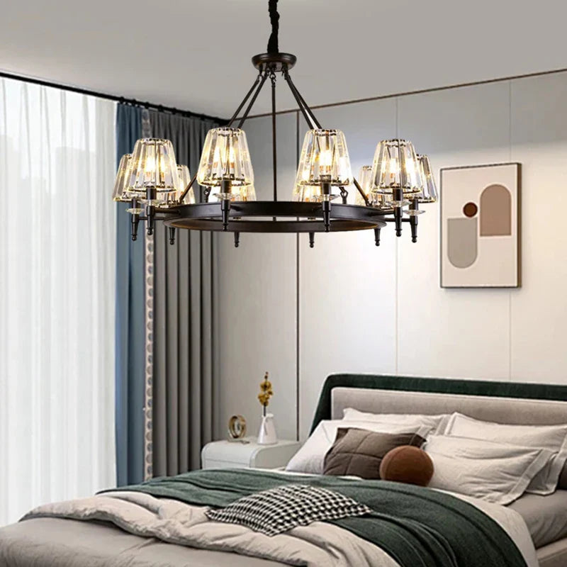 Axyaa Retro Matte Black Metal Crystal Chandelier Pendant Lights