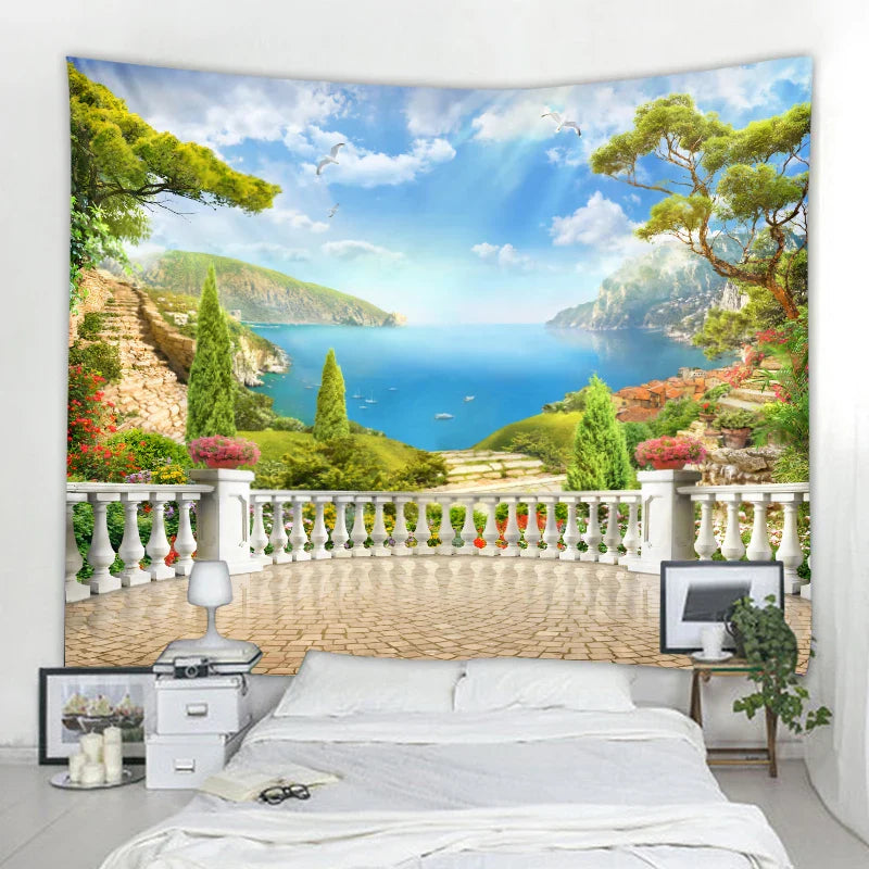 Axyaa 3D Faux Window Landscape Tapestry Wall Hanging for Bohemian Home Decor