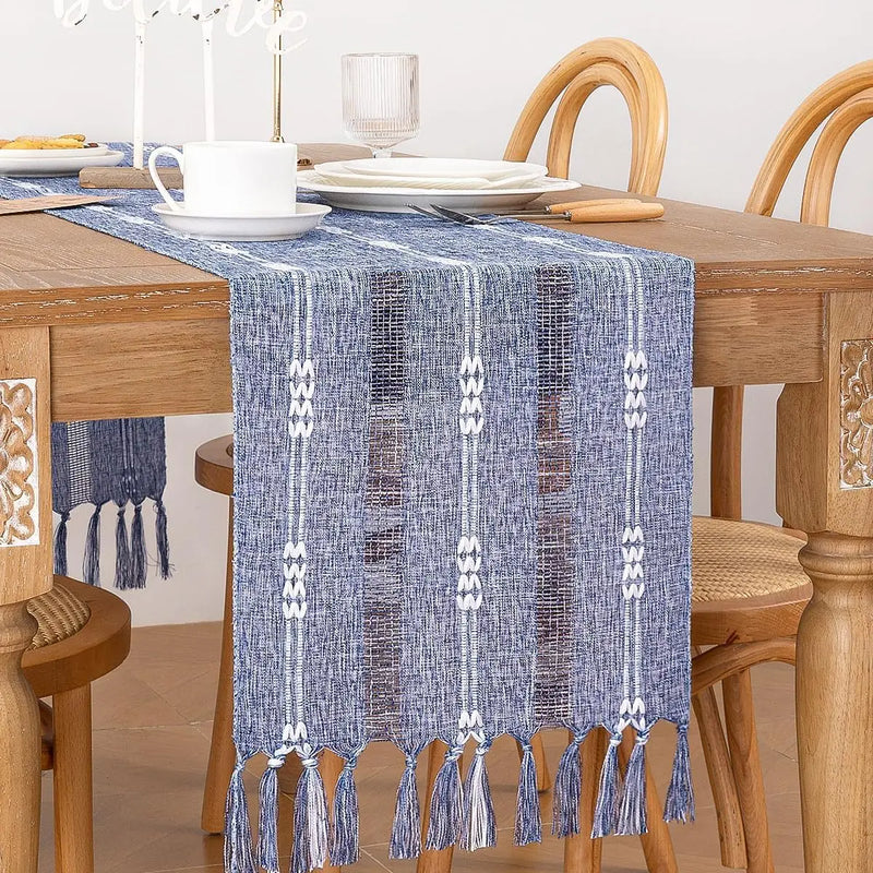 Axyaa Rustic Bed Runner with Tassel - Ivory/Grey/Green/Blue