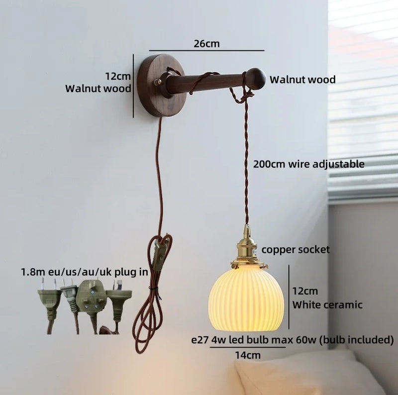Axyaa Round Ceramic E27 Wall Lamp with Pull Chain Switch and Warm LED Light