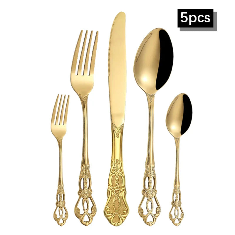 Axyaa Gold Embossed Stainless Steel Tableware Set, Steak Knife, Fork, Spoon, Dessert Fork