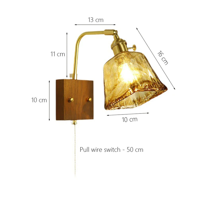 Axyaa Retro Wooden Brass Glass Wall Lamp with Pull Switch