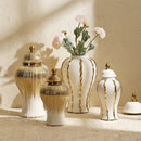 Axyaa Golden Stripes Ceramic Ginger Jar Vase with Lid - Handcrafted Porcelain Storage Tank