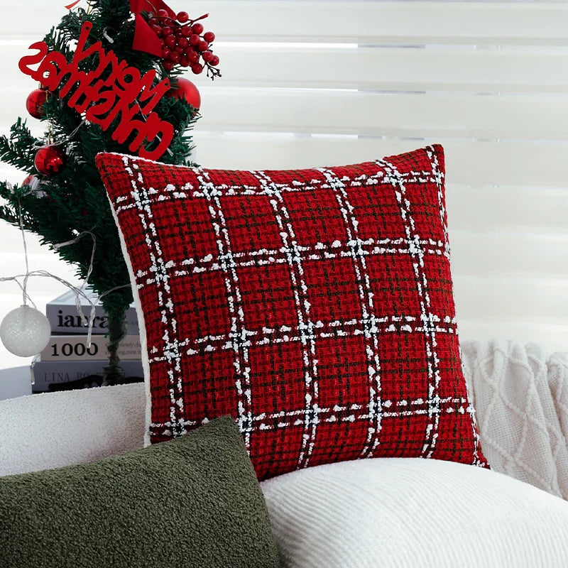 Axyaa Christmas Plaid Retro Pillowcase 45x45 Red Soft Cushion Cover