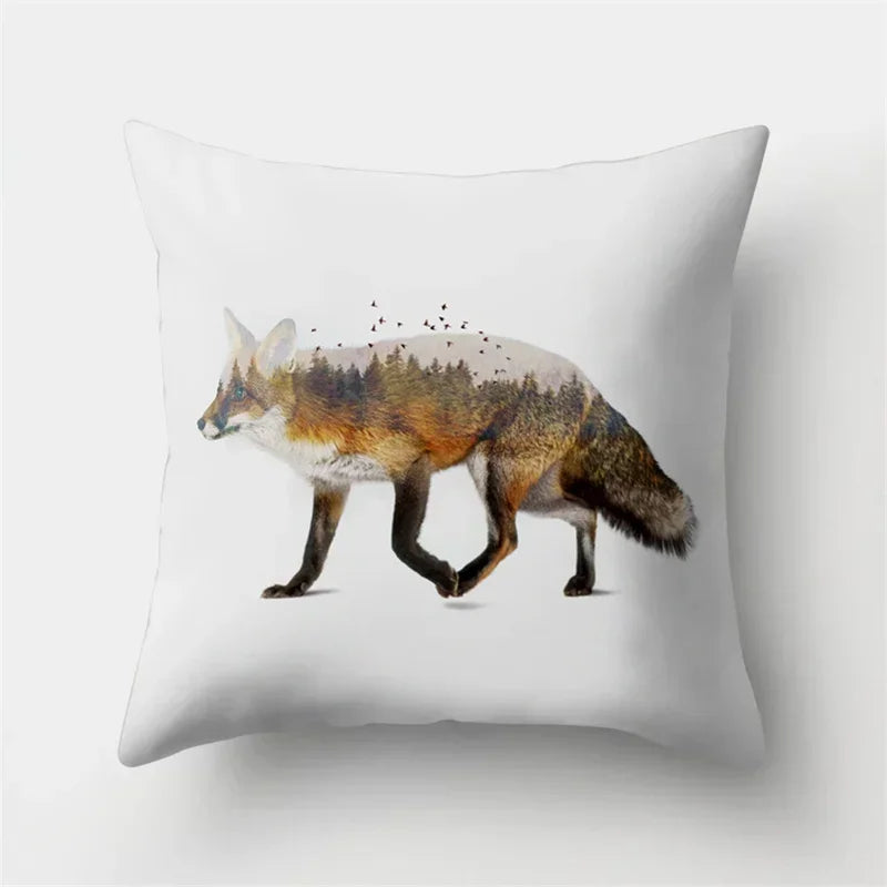 Fox and Bird Polyester Pillowcase by Axyaa: Cartoon Landscape Cushion Cover for Sofa