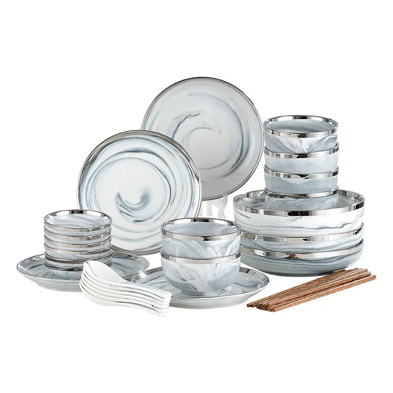 Axya Silver Rim Marble Ceramic Dinnerware Set for Family and Hotel