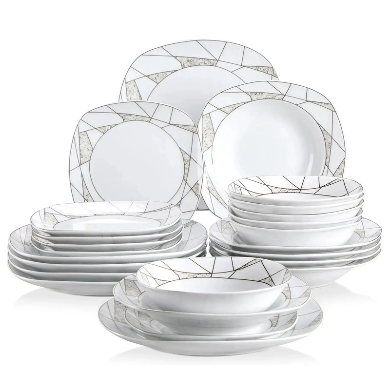 Axya™ 24-Piece Porcelain Ceramic Dinnerware Set with Cutlery - Bowls, Plates, Soup Plates