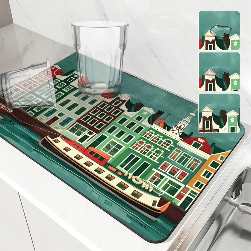 Axyaa Absorbent Kitchen Mat: Amsterdam Boats Design for Quick Drying, Antiskid & Draining