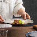 Axyaa Striped Ceramic Plate Set: Creative Tableware for Salad, Desserts, Noodles, and Sashimi.