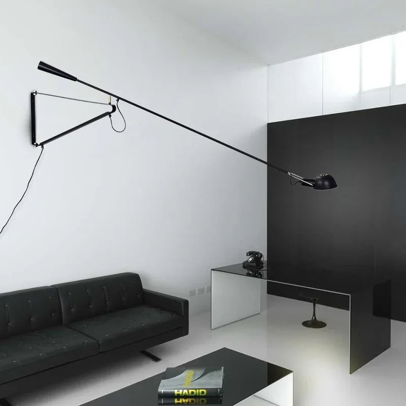 Axyaa Dimmable LED Wall Lamp, Swiveling Long Pole, Black & White Industrial Design