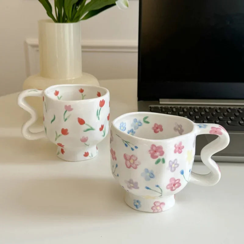 Hand-Painted Tulip Flower Pattern Ceramic Mug by Axyaa - High-Footed Cup