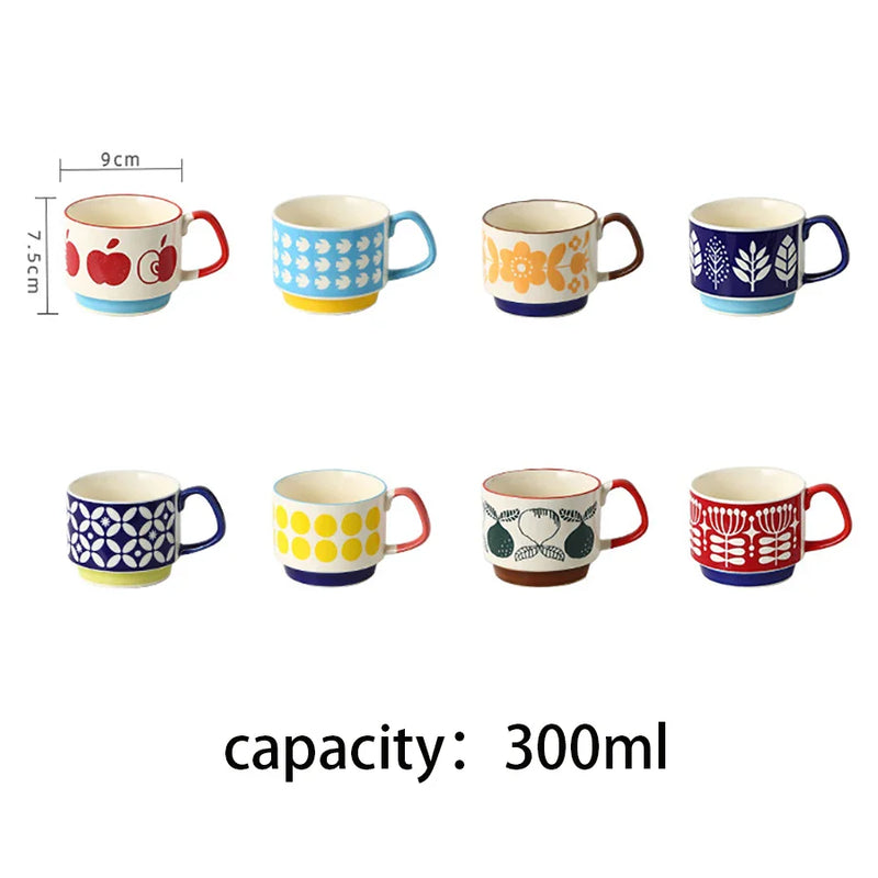 Axya Retro Japanese Flower Ceramic Coffee Mug Set 300ml