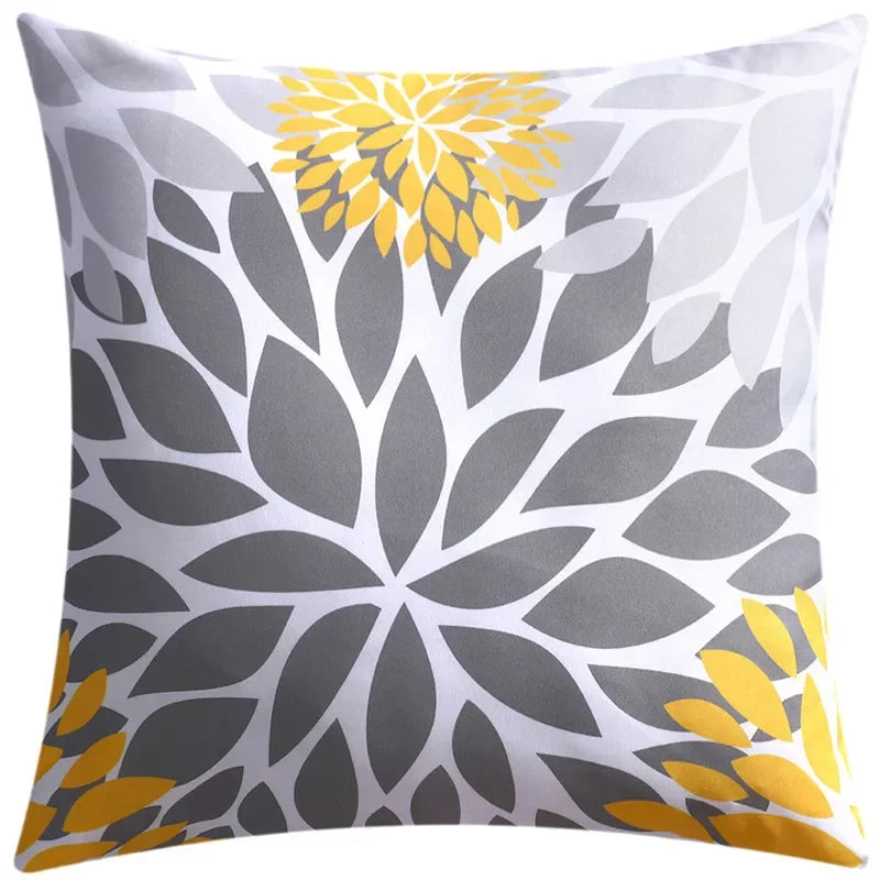 Yellow Grey Flower Pillowcase 45cm Double-Sided Print Cover for Home Decor by Axyaa