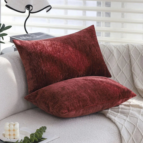 Burgundy Chenille Throw Pillow Covers x2 - Axyaa Home, 30x50, Soft & Retro, Living Room Décor