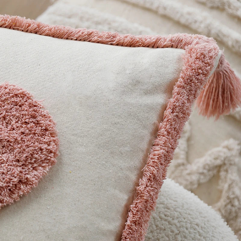 Pink Love Tufted Tassel Linen Cushion Cover for Home Decor - Axyaa