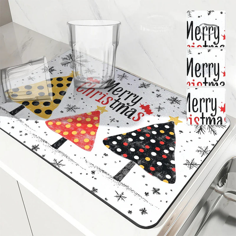 Axyaa Christmas Tree Coffee Cup Drying Mat: Non-slip Absorbent Mat for Kitchen Counter & Coffee Bar