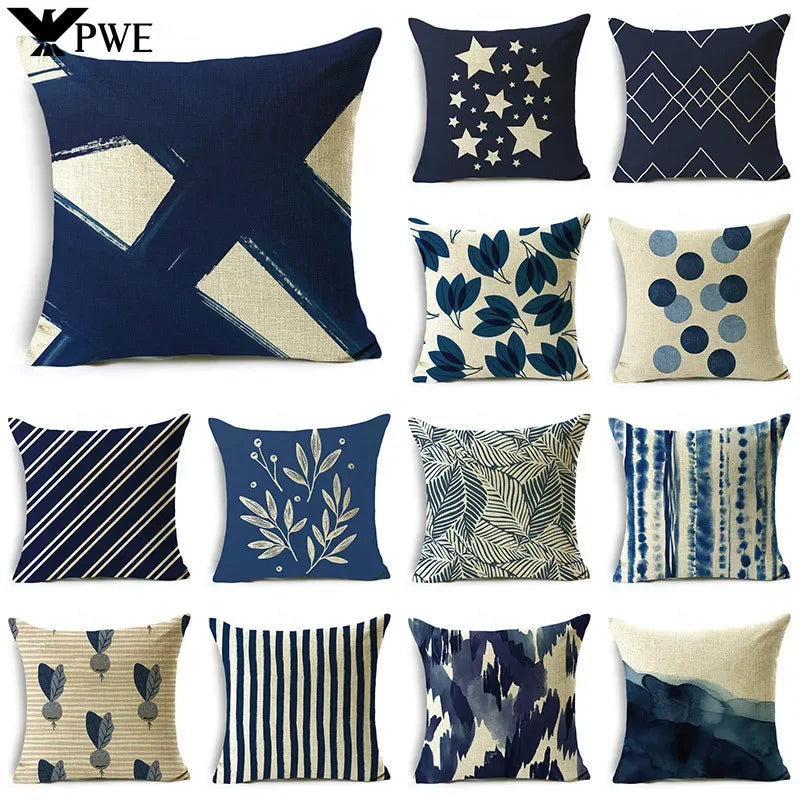 Axyaa Blue Texture Print Linen Cushion Case for Living Room Sofa - 40cm/45cm/50cm