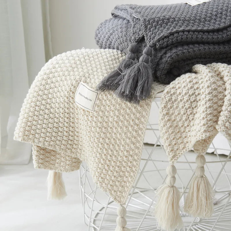 Axyaa Geometric Knitted Blanket with Tassel - Premium Spring/Autumn Home Textile