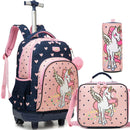 Axyaa Girls 3-Piece Rolling Backpack Set with Wheeled Luggage, Lunch Bag, Pencil Case