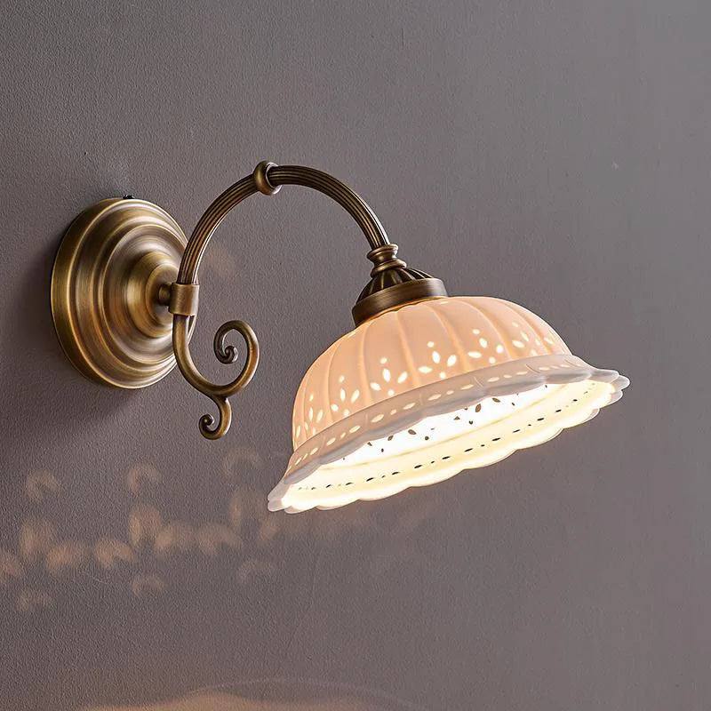 Axyaa White Ceramic Wall Light with E27 Bulb, Old Brass Finish