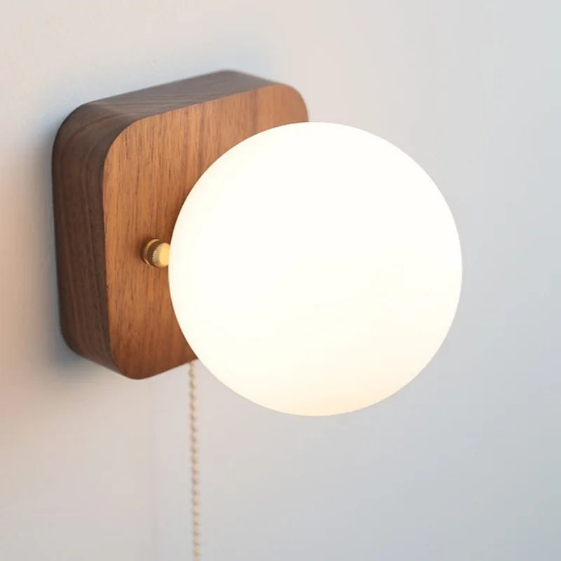 Axyaa Walnut Wood Glass Wall Lamp - Spherical Indoor Light for Living Room, Bathroom & Stairs