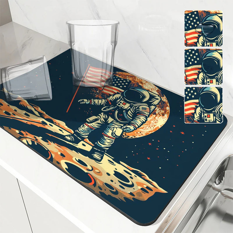 Axyaa Spaceman Coffee Cup Drying Mat Absorbent Non-Slip Kitchen Drain Mat