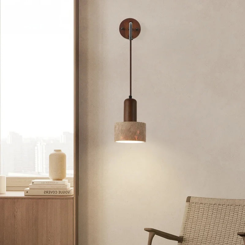 Axyaa Yellow Travertine Stone LED Wall Lamp Interior Wabi Sabi Pull Chain Switch