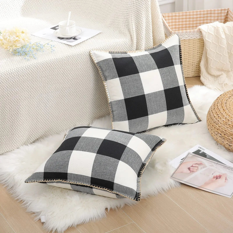 Axyaa Plaid Throw Pillow Covers 16x16in Set of 2 - Luxury Soft Home Decor Cushion Cases
