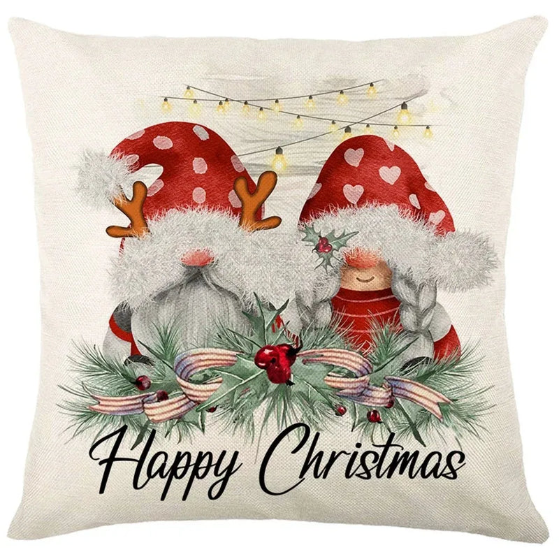 Axyaa Christmas Party Santa Dwarf Print Pillow Cover