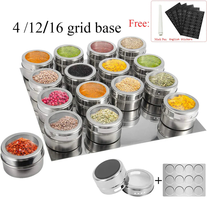 Axya Stainless Steel Spice Jars Set with Wall Mounted Rack & Wipeable Labels