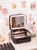 Axyaa White Train Case Mirror, Portable Makeup Organizer with Adjustable Dividers