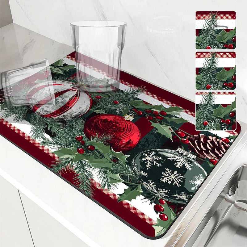 Axyaa Christmas Fir Desk Drain Pad: Non-slip Kitchen Counter Mat for Drying Dishware