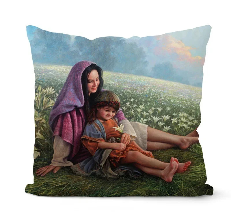 Retro Oil Painting Christmas Pillowcase - Axyaa Nativity Cushions Case Jesus Christ Print Throw Pillows Case
