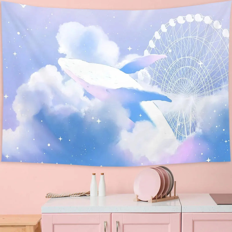 Sky Dolphin Tapestry Wall Hanging Pink Clouds Whales Aesthetic Kawaii Room Decor