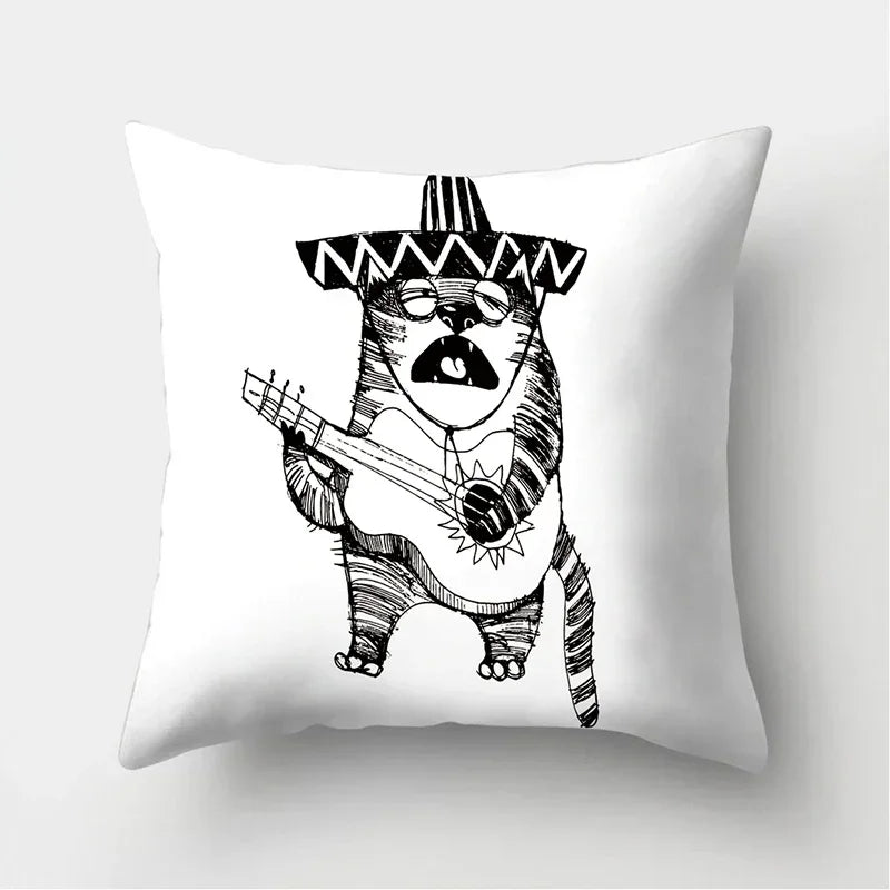 Axyaa Black & White Cat Pattern Cushion Cover for Living Room, Bedroom & Sofa
