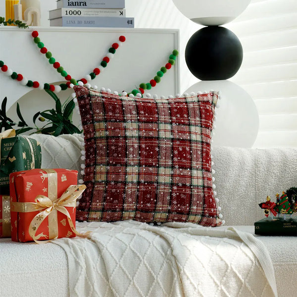 Axyaa Double-Sided Plaid Christmas Cushion Cover with Balls, 45x45 Snow Throw Pillow