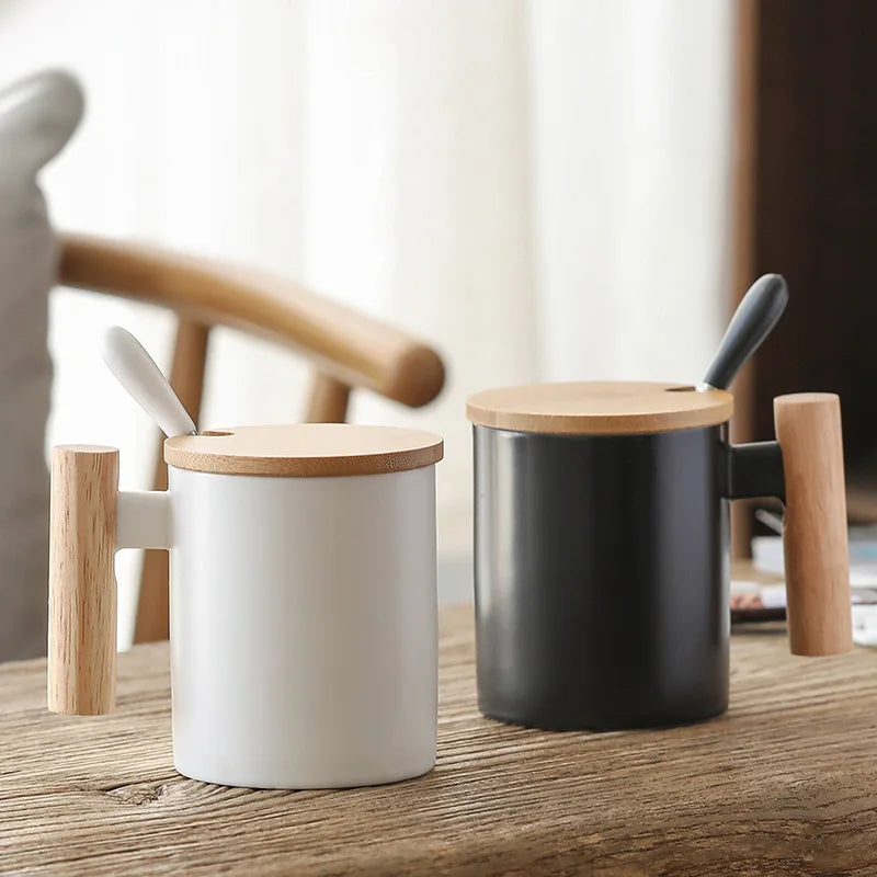 Axyaa Ceramic Wooden Handle Coffee Cup Set with Lid, Spoon - 310ml