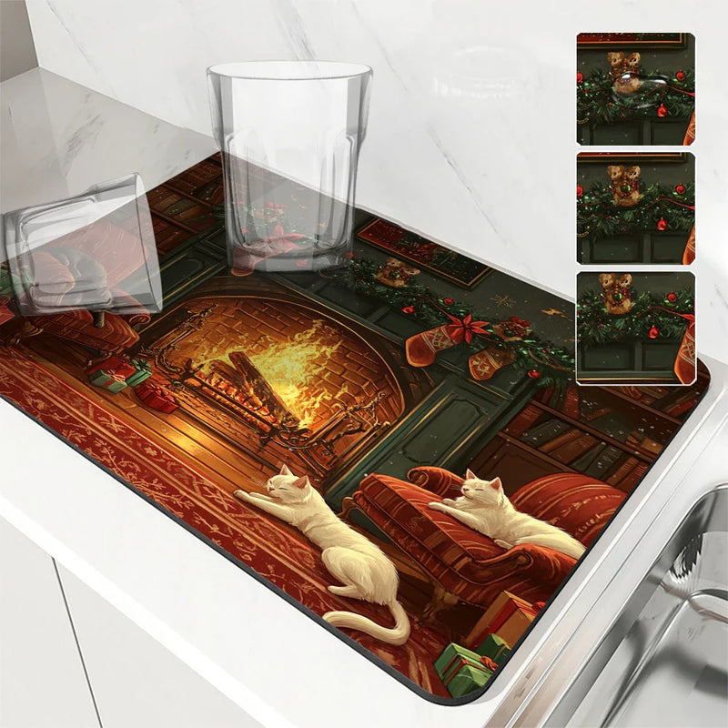 Axyaa Christmas Cat Fireplace Bow Drying Mat