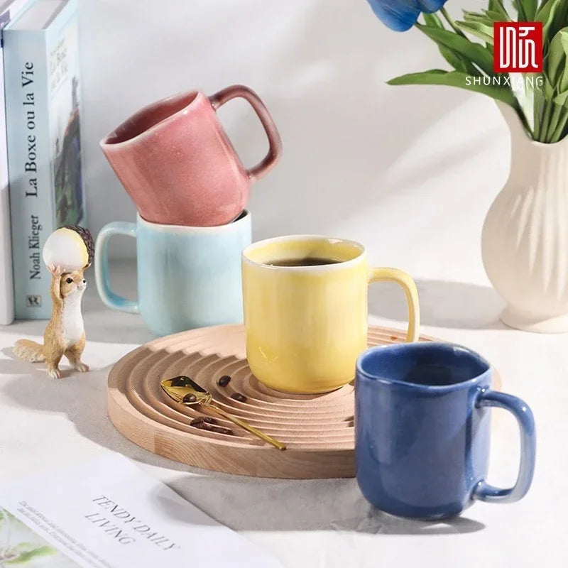 Axyaa 440ml Ceramic Coffee Mug with Handle, Solid Color Irregular Cup Home Breakfast Oat Cup