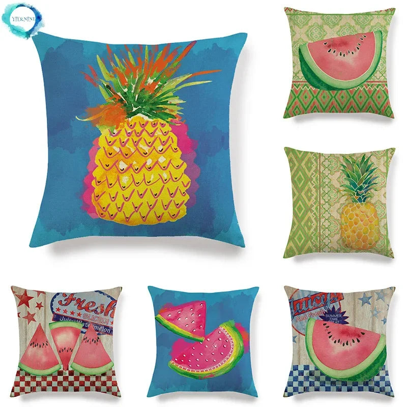 Axyaa Watermelon Pineapple Banana Printed Linen Cushion Cover for Sofa Couch 45X45CM
