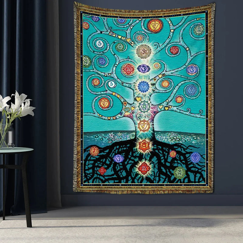 Axyaa Chakras Tree of Life Tapestry: Boho Wealth Totem Wall Hanging Home Decor
