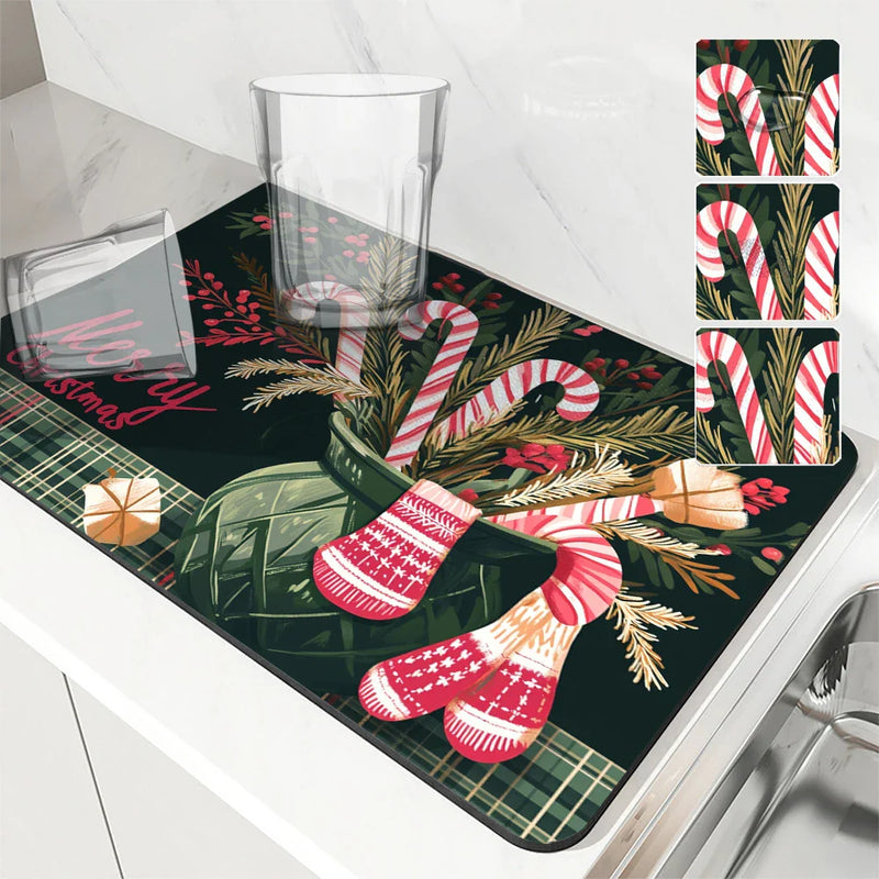 Axyaa Coffee Mat Dish Draining Mat - Christmas Gloves Design