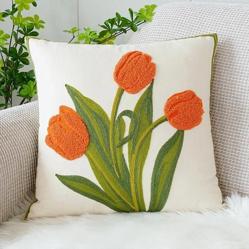 Axyaa Tulip Embroidered Throw Pillow Cover - Pastoral Style Decorative Cushion