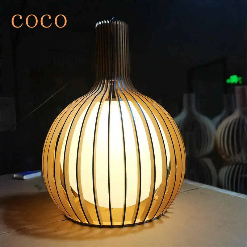 Axyaa Modern Wood Birdcage Chandelier with Black and White Orb for Dining and Living Decor