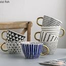 Axya Irregular Geometric Ceramic Coffee Cup with Gold Handle, Black & White Pattern