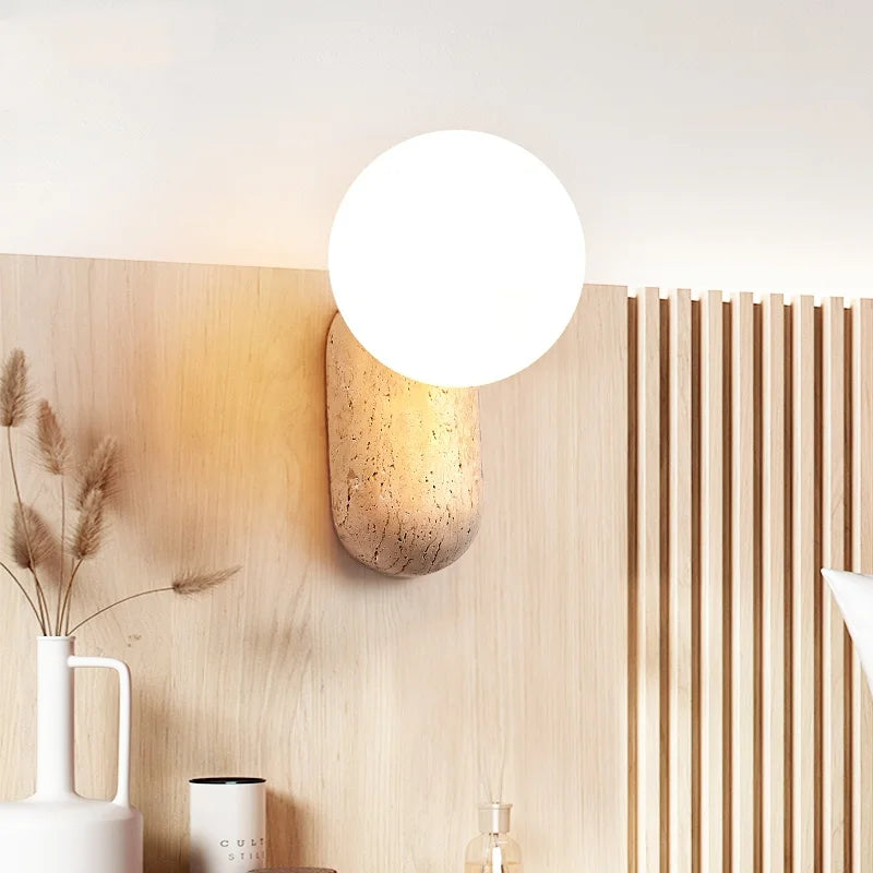 Axyaa White Glass Ball LED Wall Light Yellow Travertine Stone Luxury Decor