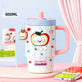 Axyaa Cartoon Cute Thermal Water Bottle Insulated Ceramic Cup with Handle & Double Straw